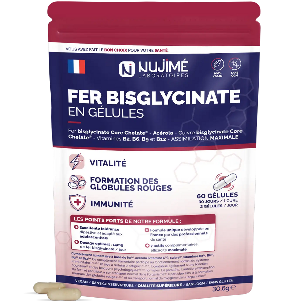 Fer Bisglycinate en gelules Nujime + acerola, cuivre, vitamines B