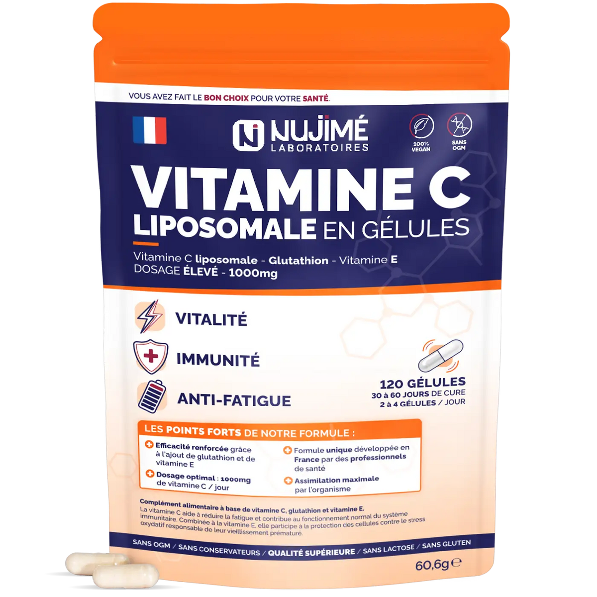 Vitamine C liposomale en gelules Nujime + glutathion et vitamine E